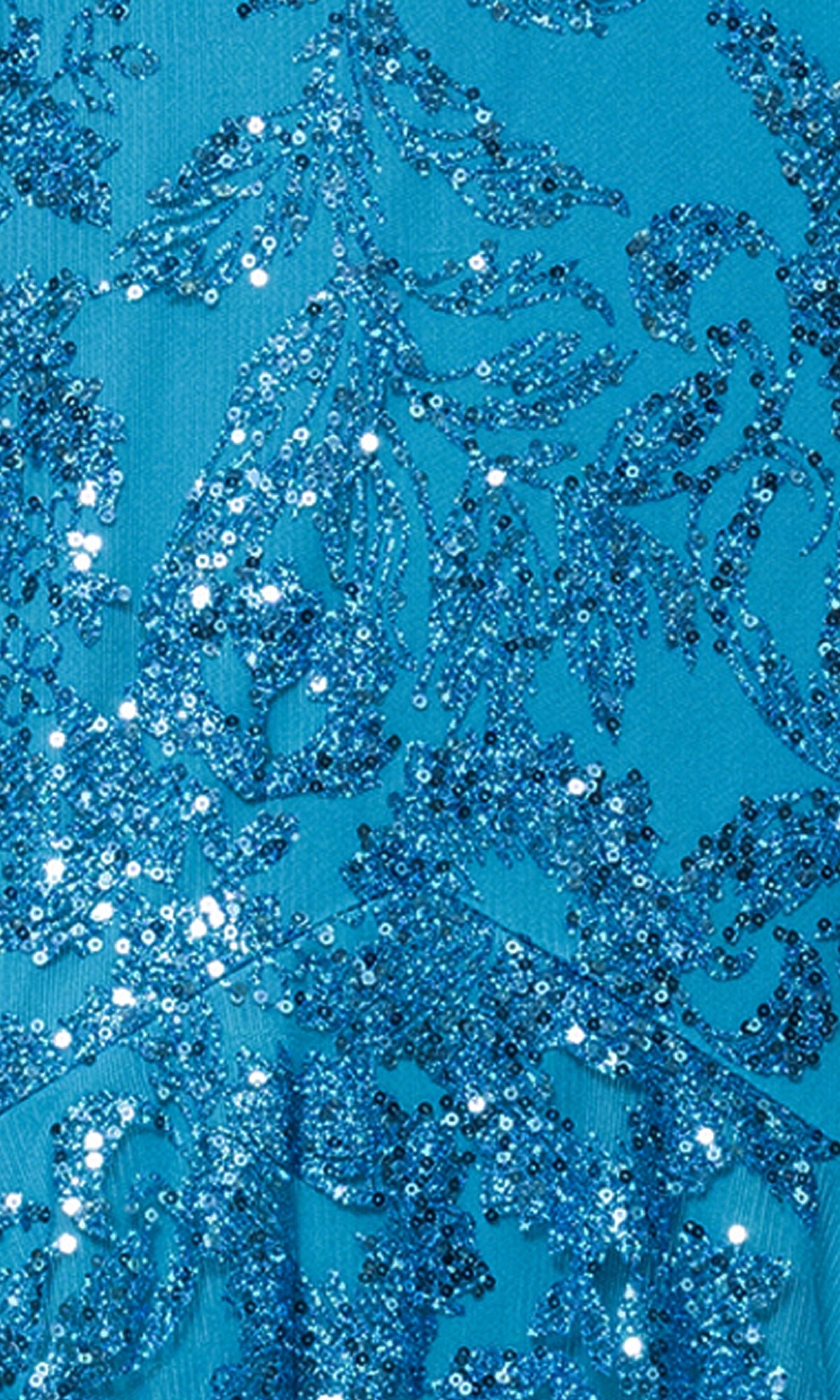 Close-up of blue fabric with shimmering sequin embroidery in a floral pattern, as featured on the Long Glitter Prom Dress: Blondie Nites 3960BN. Perfect for making a sparkling statement at prom.