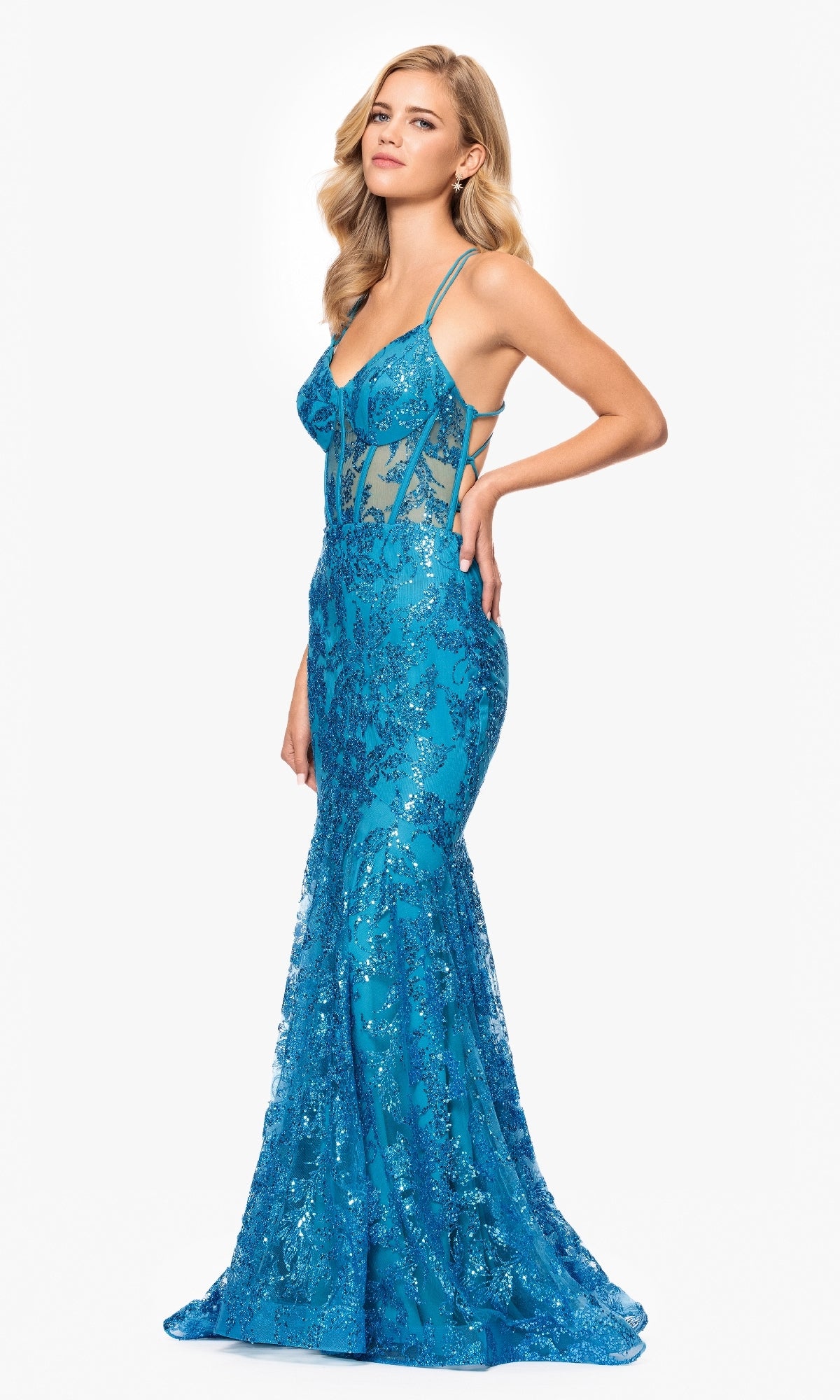Long Glitter-Print Prom Dress with Lace-Up Open Back Navy / 13