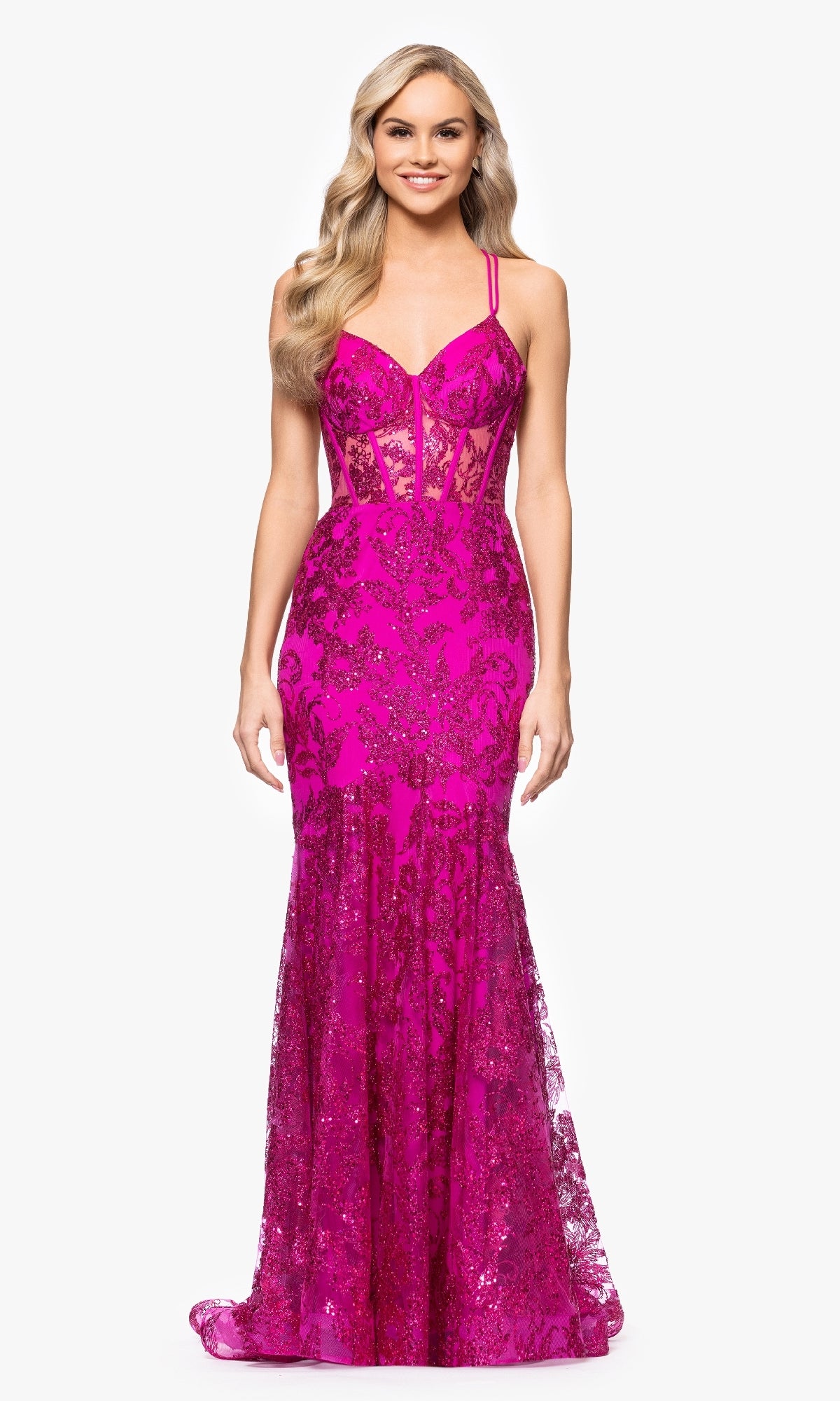 pretty in pink movie prom dress Long Glitter-Print Prom Dress with Lace-Up Open Back– PromGirl
