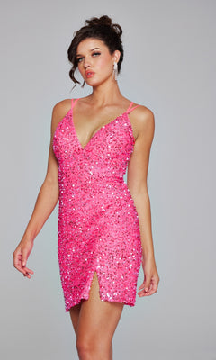 Woman in the Jovani Lace-Up Short Beaded Homecoming Dress 39630, featuring a sleeveless pink sequin design with V-neckline and thigh-high slit, poses against a gray background for a glamorous homecoming look.