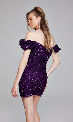A woman poses in the Jovani Off-Shoulder Short Sequin Hoco Dress 39631, featuring floral details and dazzling earrings—a glamorous short party dress perfect for any celebration.