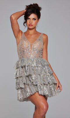 Woman in the Jovani 39700 Ruffled Short Glitter Hoco Dress—sleeveless, V-neck, silver sequins, and tiered ruffle skirt—poses with one hand in her hair against a plain background. The perfect party dress!.