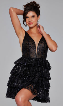 Smiling woman wearing Jovani 39700, a ruffled short glitter hoco dress with sleeveless, deep V-neck and tiered ruffle skirt—perfect for homecoming parties.