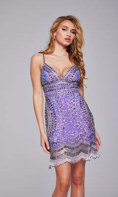 Lace-Up Short Beaded Homecoming Dress with Fringe Hem PromGirl Lace-Up Short Beaded Homecoming Dress with Fringe Hem PromGirl