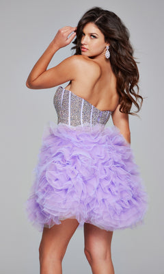 A woman poses in the Jovani 39748 Strapless Short Purple Hoco Dress, featuring an embellished sweetheart corset bodice and a ruffled lavender tulle skirt, elegantly displayed from the back.