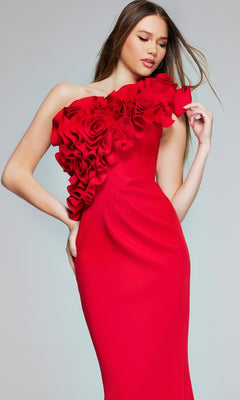 A woman poses against a plain background wearing the Long Formal Dress: Jovani 39751, a fitted red gown featuring a one-shoulder neckline and large floral embellishments on the bodice.