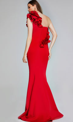 A woman in the Jovani 39751 long formal dress, a fitted, floor-length red mermaid gown with ruffled details on the one-shoulder neckline and back, photographed from behind.