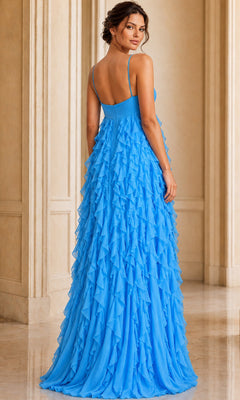 A woman stands indoors, facing away and looking over her shoulder, wearing the Jovani 39823—a bright blue, floor-length halter formal dress with ruffle layers in flowing chiffon.