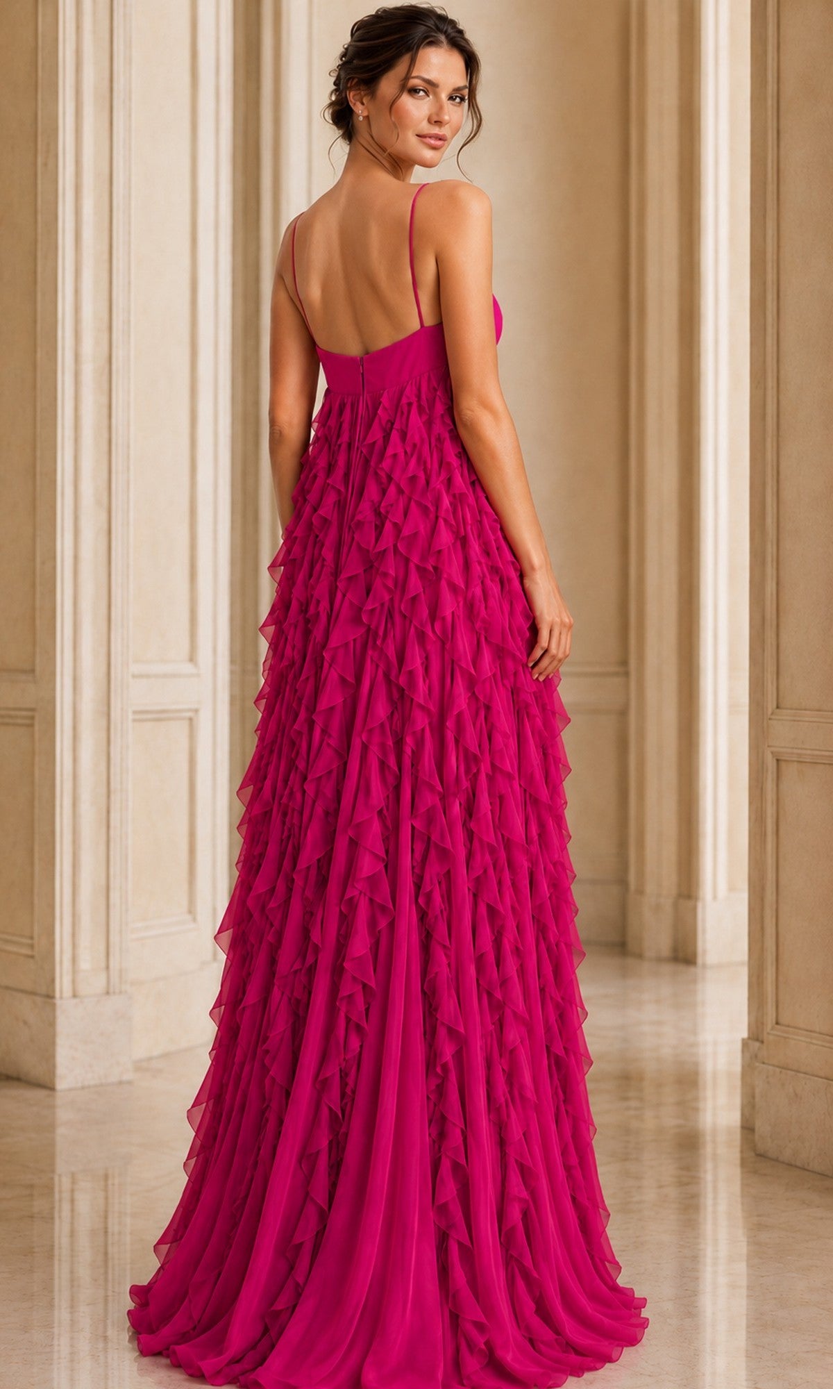 A woman stands indoors wearing the Jovani 39823, a stunning floor-length magenta gown with a sleeveless halter chiffon design and elegant layered ruffles on the back, looking over her shoulder.