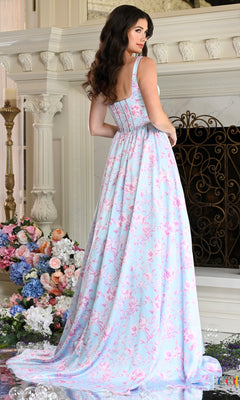 Long Prom Dress: Colors Dress 3996 is a floor-length, sleeveless cottagecore dress in light blue with a pink floral print.