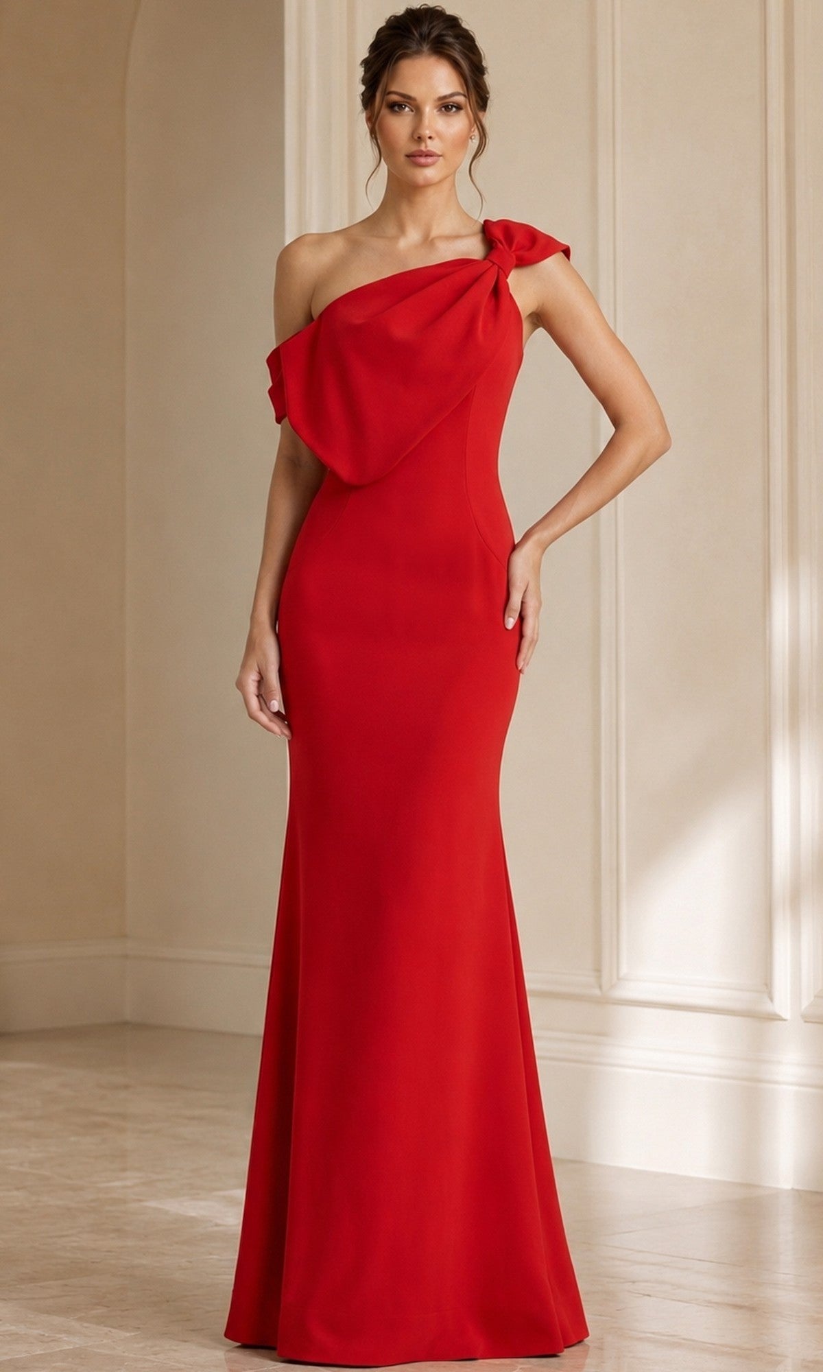 A woman stands indoors against a cream-colored wall, wearing the Jovani 39971 long formal dress in red—a floor-length, one-shoulder gown featuring a bow detail and an elegant mermaid cut.