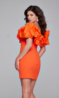 A woman poses sideways against a plain gray background in the Jovani 39985 Embellished-Bust Short Hoco Dress.