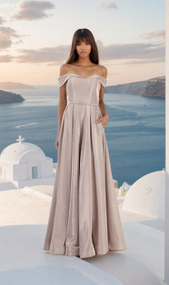 Off-the-Shoulder Long Glitter Prom Dress with Pockets Blush / XSmall