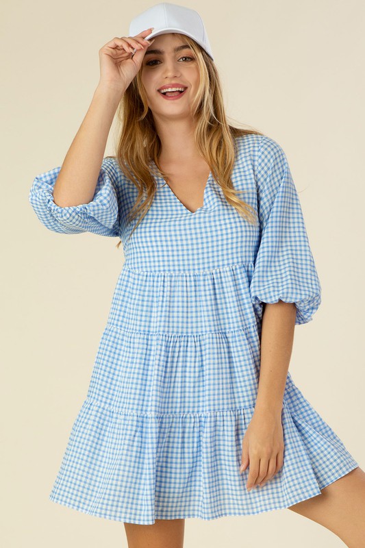 Short Gingham Print Tiered Casual Dress FGDR31L009