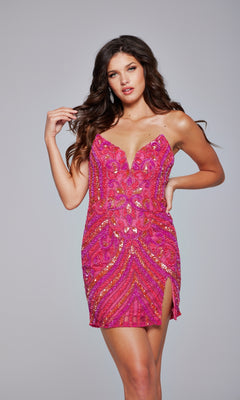 A woman poses against a plain light gray background, wearing the Jovani 400003 Strapless Sequin-Print Hoco Dress featuring a fitted silhouette, hot pink sequins, and a thigh-high slit.