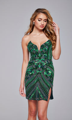 A woman wearing the Jovani 400003 Strapless Sequin-Print Hoco Dress with a plunging neckline and front slit stands against a plain gray background.