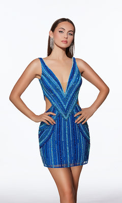 A woman poses with hands on hips against a white background, wearing the Alyce 40012 short homecoming dress—a sleeveless style with a plunging V-neckline and shimmering blue geometric sequins.
