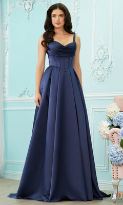 Blueberry-colored satin Long Prom Dress: Colors Dress 4001, featuring a floor-length skirt with pockets, a corset-style bodice, and a beaded cowl neckline.