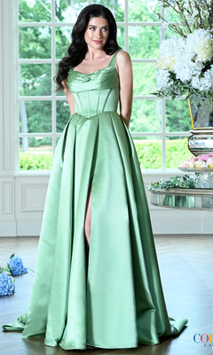 Long Prom Dress: Colors Dress 4001 in sage green satin featuring a corset-style bodice, thin straps, and a front slit.