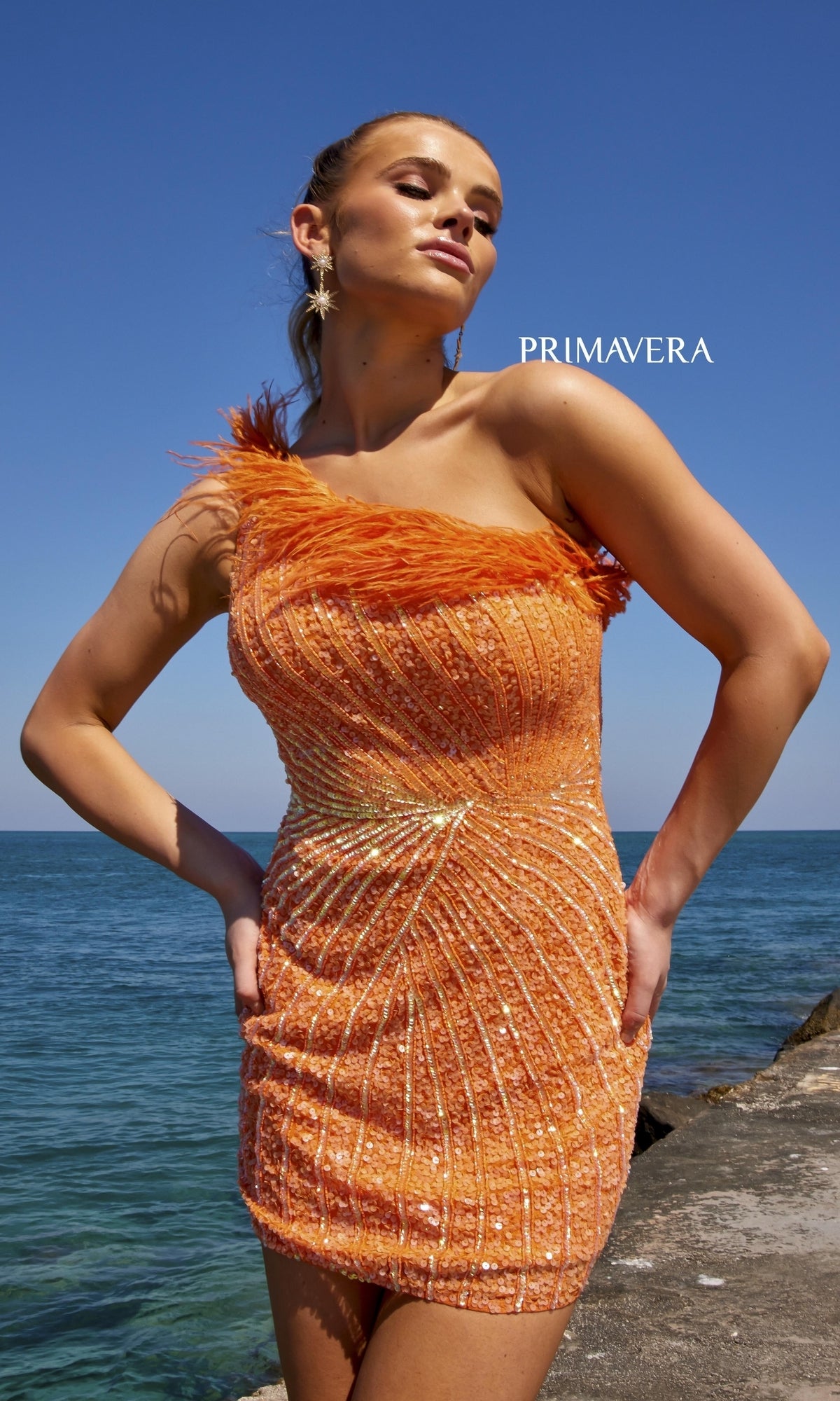 Feathered One-Shoulder Sequin Party Dress - PromGirl Orange / 2 Feathered One-Shoulder Sequin Party Dress - PromGirl Orange / 2