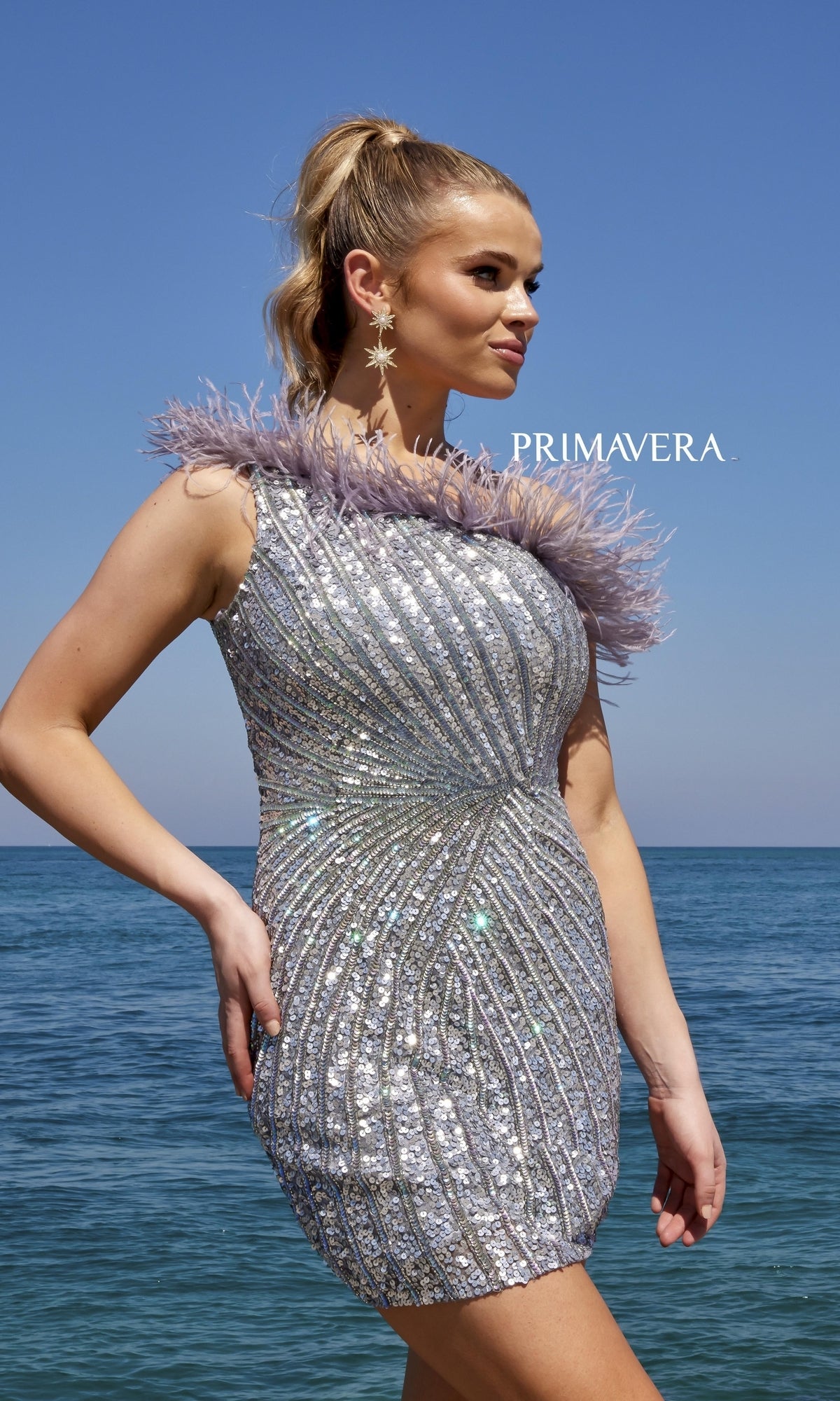 One-Shoulder Sequin Party Dress with Feathers 4002