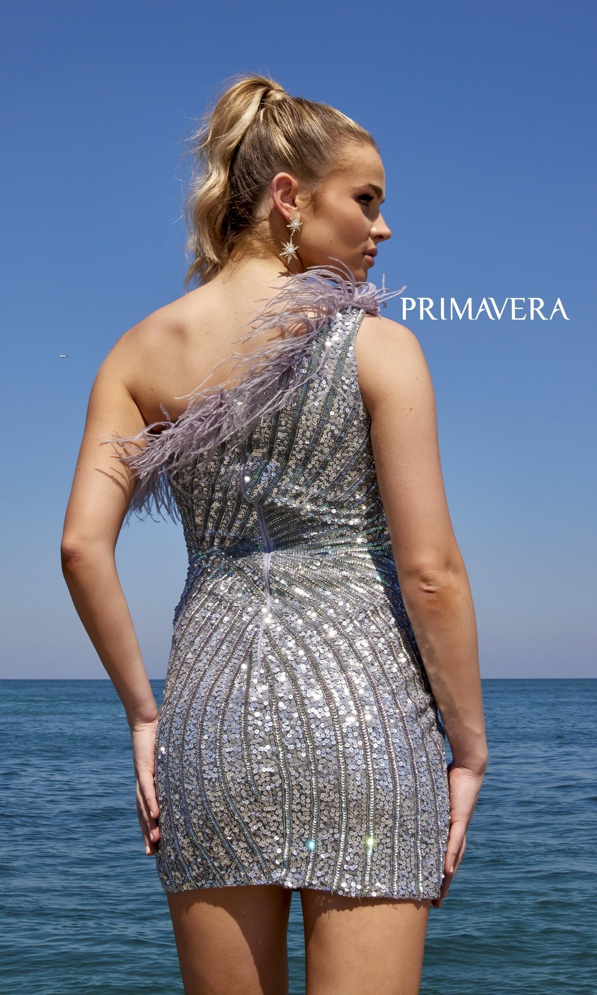 A woman stands by the sea in the One-Shoulder Sequin Party Dress with Feathers 4002; 