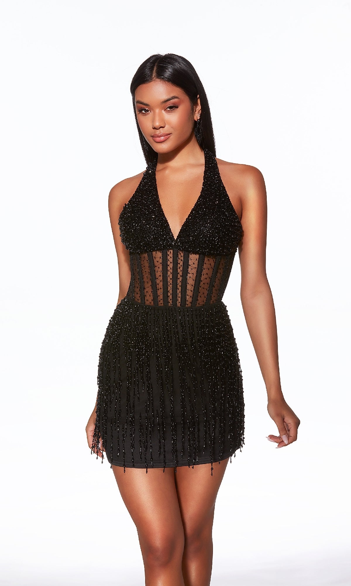 A woman models the Alyce 40043 short homecoming dress, a black halter mini with a sheer striped bodice and beaded skirt, set against a plain white background.