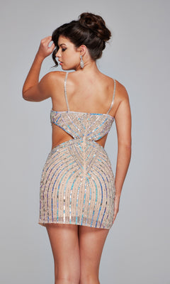 A woman with an updo models the Jovani Short Homecoming Dress 400610, a fitted, backless sequin and beaded mini dress, shown from behind against a plain background.