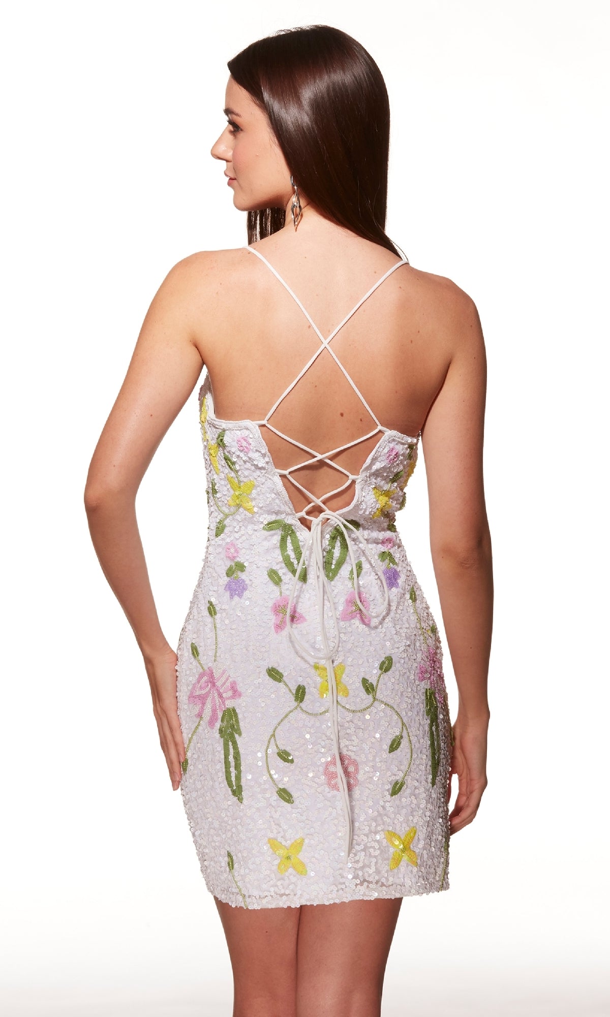 Woman facing away, wearing the Alyce 40061 short white sleeveless homecoming dress with floral embroidery and a lace-up open back—an eye-catching choice for your special night.