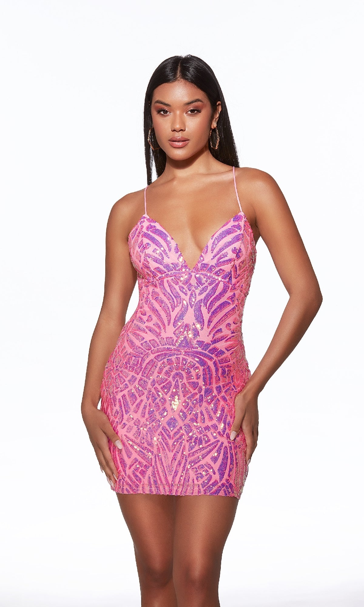 A woman models the Alyce 40082 short homecoming dress, a pink and purple sequin bodycon style with thin straps, against a plain white background.
