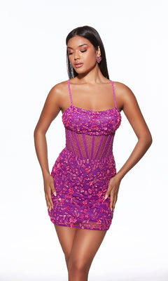Woman poses with hands on hips in a fitted Alyce 40093 short homecoming dress, purple with thin straps and pink floral embroidery, set against a plain white background.