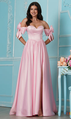 A woman wearing a pink, floor-length off-the-shoulder bow Long Prom Dress: Colors Dress 4009 with a high leg slit.