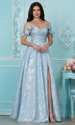 Long Prom Dress: Colors Dress 4010, a blue V-neck dress with a high slit, spaghetti straps, butterfly shoulder accents, and a silvery jacquard butterfly pattern throughout.