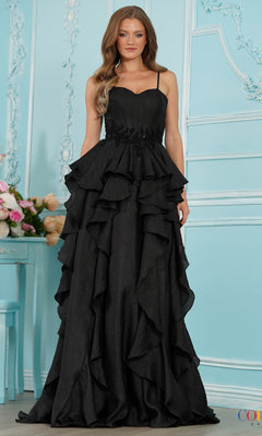 Colors Dress 4011 black floor-length prom dress with a sweetheart neckline, beaded waist, and a cascading ruffle A-line skirt.