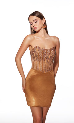 A woman models the Alyce 40122 short homecoming dress, featuring a strapless rhinestone-embellished bodice and satin skirt, paired with gold earrings against a plain white background.
