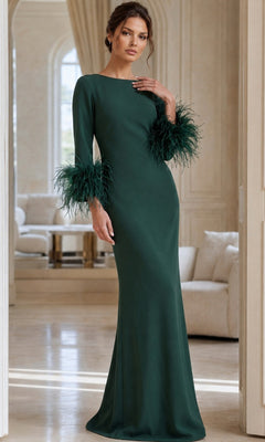 A woman wearing the Jovani 40200 long formal dress in hunter crepe with feathered cuffs stands in an elegant, light-filled room featuring cream-colored furniture and arched windows.