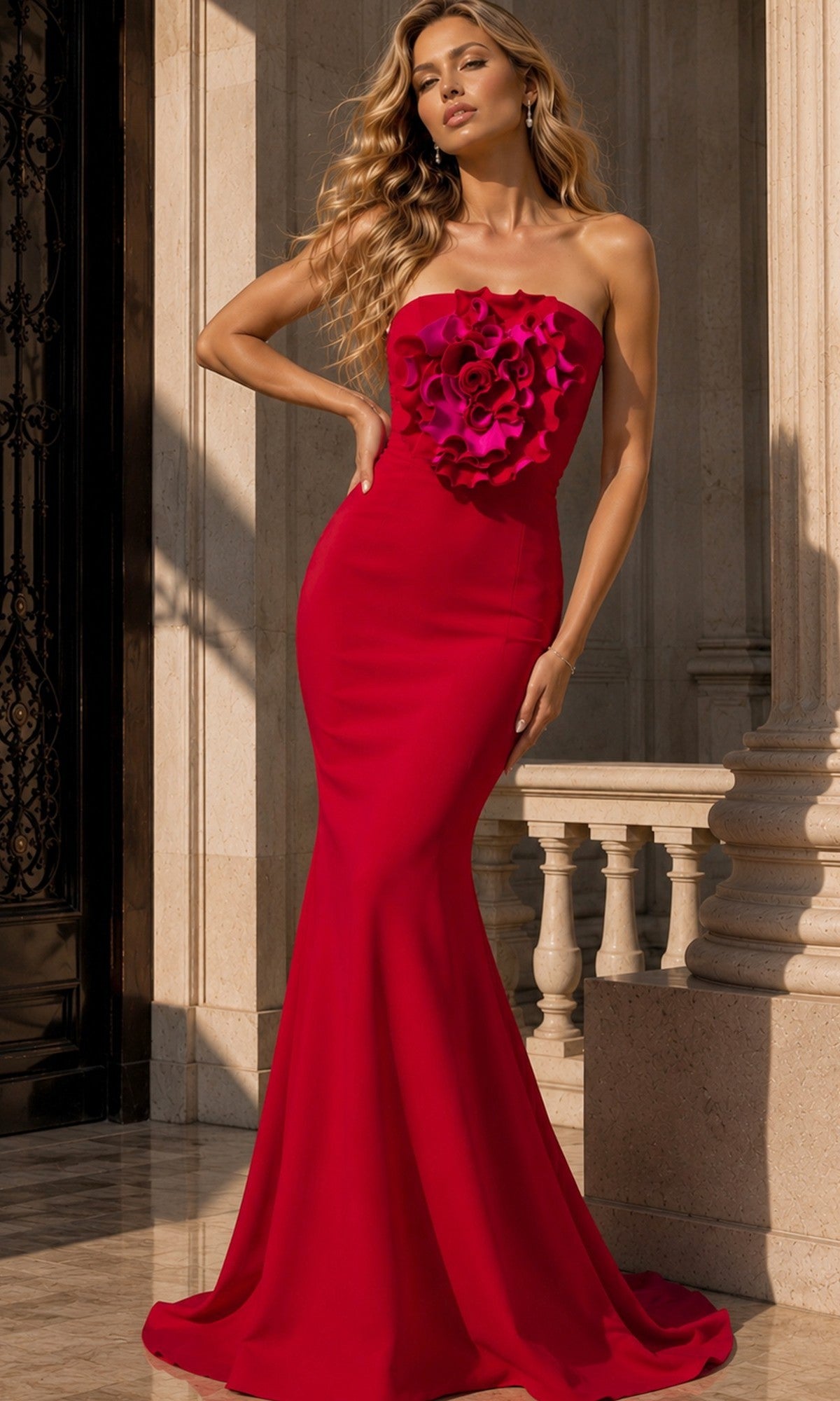 A woman stands outdoors by stone columns, wearing the Jovani 40214 long formal dress in red/fuschia—a strapless gown with a mermaid silhouette and a large floral detail on the bodice.