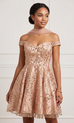A woman wearing the Short Homecoming Dress: Chicas 4021 in rose—a knee-length, off-the-shoulder dress featuring a sweetheart neckline, gold sequin embellishments, and a sheer pink scarf—stands against a light background.