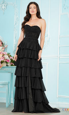 Long Prom Dress: Colors Dress 4022 in black, featuring a strapless beaded bodice, a sweetheart neckline, and a floor-length tiered skirt.