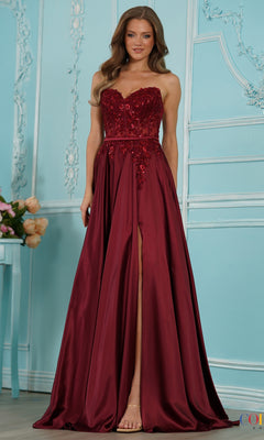Long Prom Dress: Colors Dress 4025 in wine, featuring a strapless sequined bodice, lace corset details, and a high leg slit.