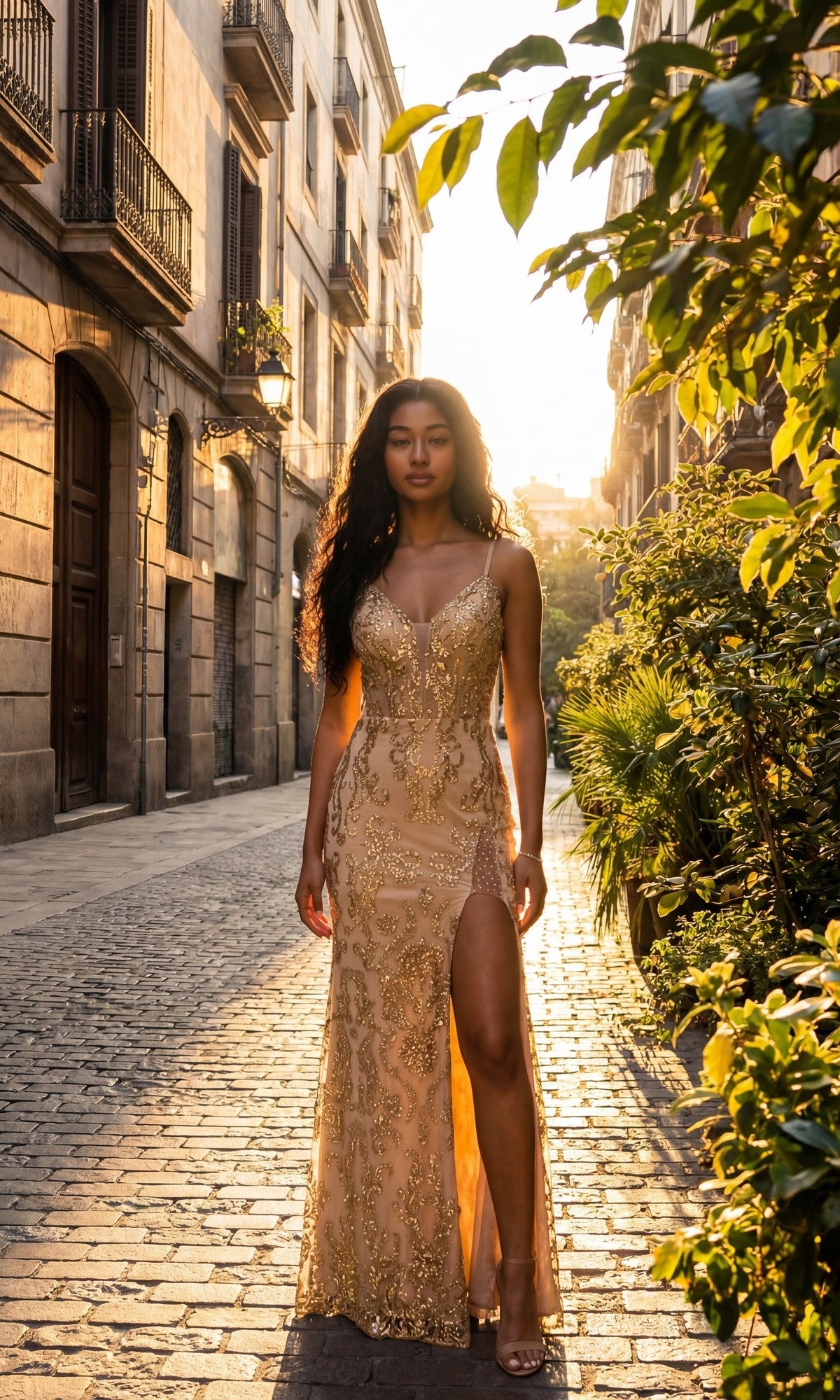 A woman in the Champagne Long Prom Dress: Chicas 4028, featuring a sparkly finish, sheer corset bodice, and thigh-high slit, walks down a sunlit cobblestone street with buildings and greenery.