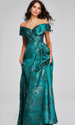 A woman models the Jovani 40296 long formal dress—an off-the-shoulder metallic teal gown with a textured pattern and gathered waist detail—against a plain background.