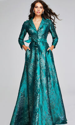 A woman wears the Jovani 40297 long formal dress in textured teal metallic fabric with long sleeves, belted waist, and collar, set against a plain background.