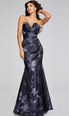 A woman poses elegantly against a plain background in the Jovani 40309, a long formal dress featuring a strapless neckline, subtle floral print, and graceful mermaid silhouette.