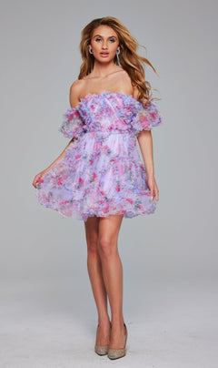 Short Purple Print Homecoming Dress with Puff Sleeves PromGirl Short Purple Print Homecoming Dress with Puff Sleeves PromGirl