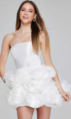 A woman wearing the Jovani 40334 Strapless Short Rosette Hoco Dress, featuring layered ruffled 3-D rosettes on the skirt, stands smiling against a plain background.