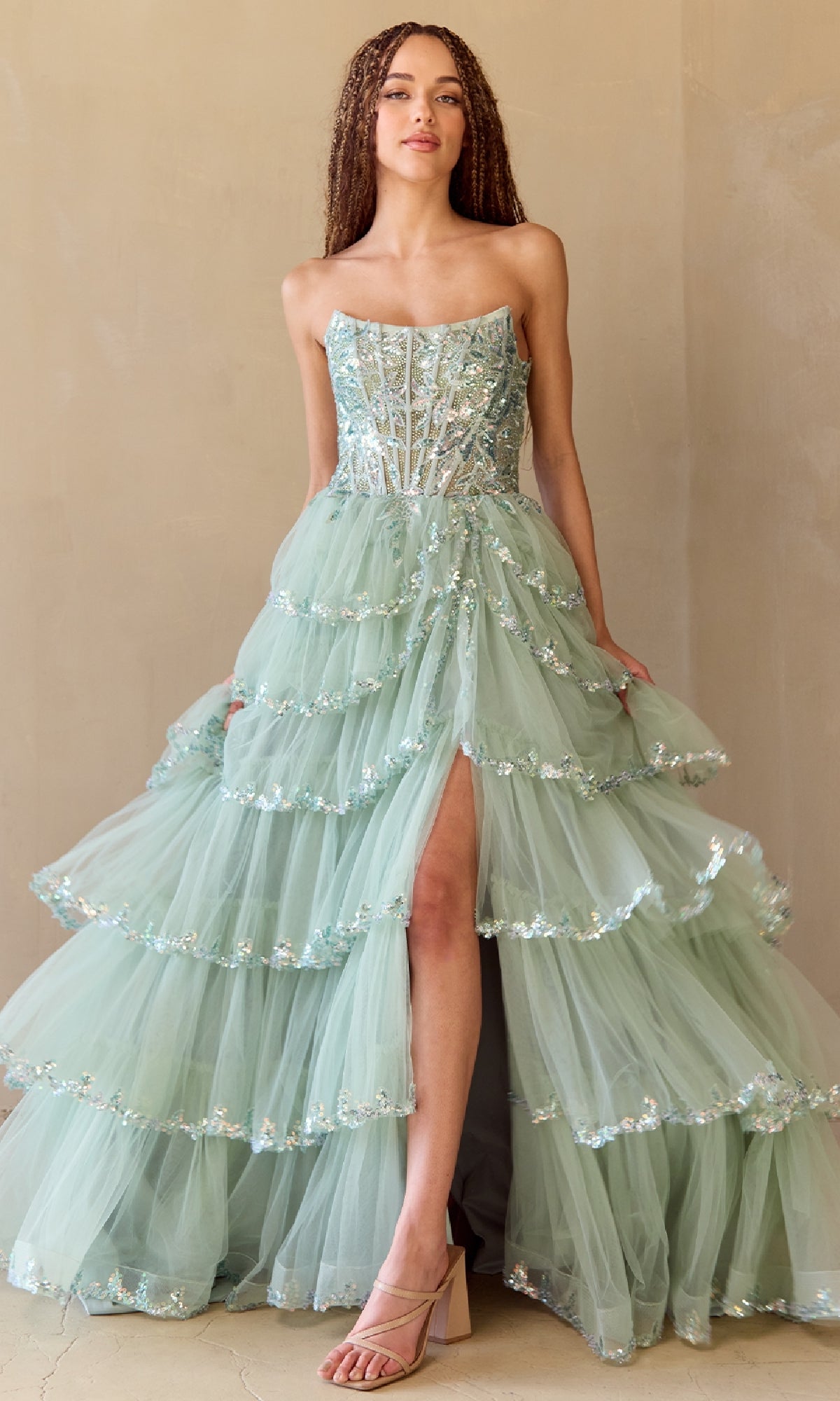 Ruffled Strapless Prom Dress: Amelia Couture 4033