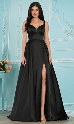 A woman wearing a black Long Prom Dress: Colors Dress 4037, a floor-length satin A-line gown with a V-neckline, thin straps, and a high side slit.