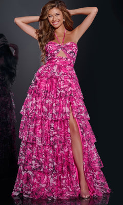 Long Floral-Print Halter Prom Dress with Ruffles PromGirl Long Floral-Print Halter Prom Dress with Ruffles PromGirl