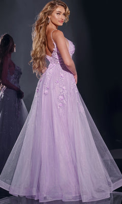 A woman with long, wavy hair models the Jovani 40472 floor-length lavender prom dress with lace embroidery and 3D floral details, standing against a dark background and glancing over her shoulder next to her reflection.